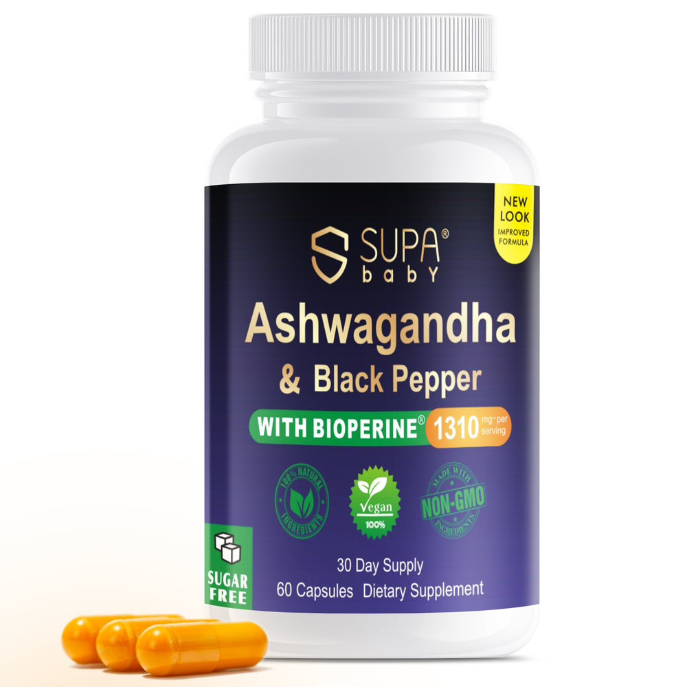 SUPABABY Vegan Organic High Potency Ashwagandha Supplements with Black Pepper & BioPerine - 60 Capsules - Supports Relaxation, Non-GMO, Sugar & Gluten Free