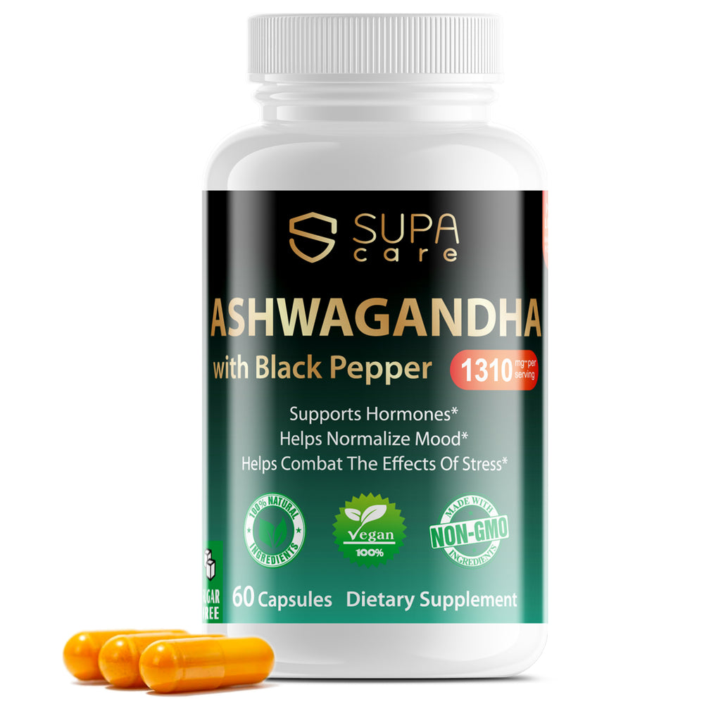 Supa Care Ashwagandha with Black Pepper 1310mg - Hormone Support & Mood Balance Supplement, Vegan & Non-GMO, 60 Capsules