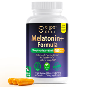 SUPABABY Melatonin Capsules – Natural Sleep Aid with Relaxing Botanical Blend for Calming Support & Mood Balance – Vegan, Non-GMO, 60 Count, Suitable for Men and Women