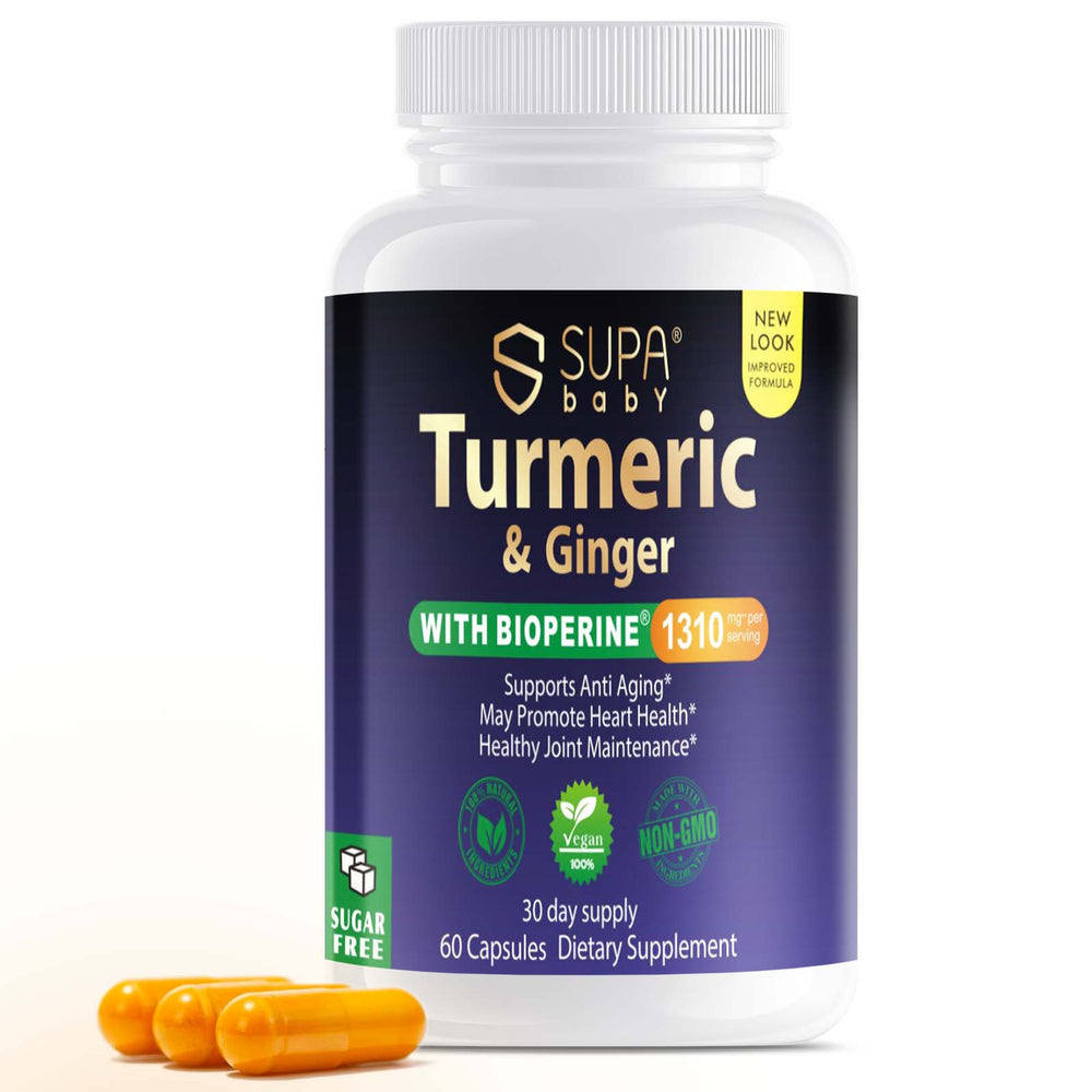 SUPABABY Organic Turmeric Curcumin with Ginger & Black Pepper - High Absorption 1300mg with BioPerine for Joint Mobility & Immune Support - 60 Vegan Capsules