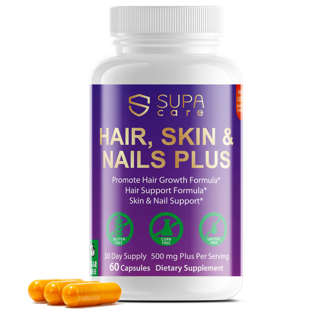 Supa Care Hair, Skin & Nails Plus – Promotes Growth & Vitality | Gluten-Free, Sugar-Free Formula | Made in USA Dietary Supplement