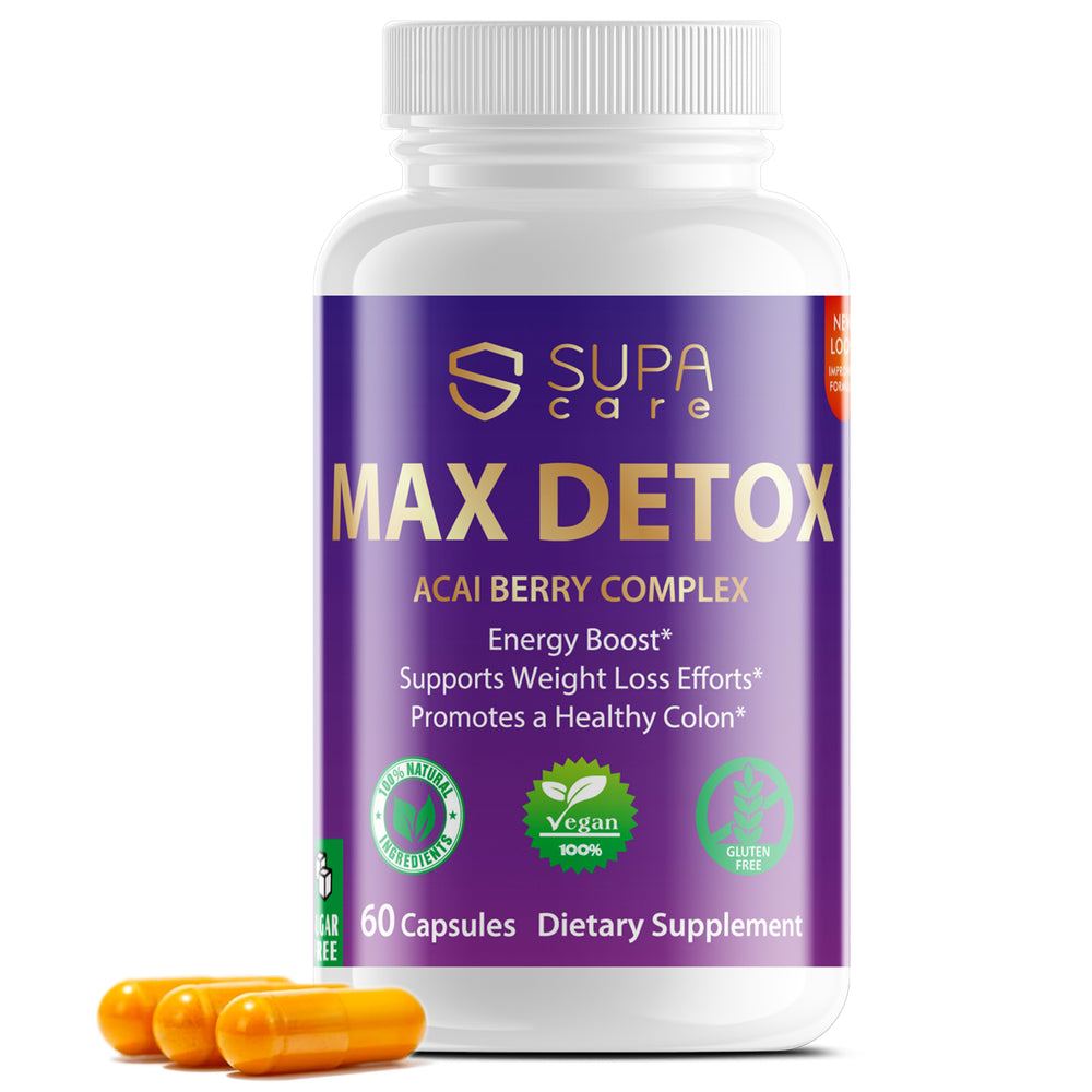 Supa Care Max Detox Acai Berry Complex – Vegan Energy Booster & Colon Health Support | 1532mg Proprietary Blend with Psyllium & Lycopene | 60 Capsules