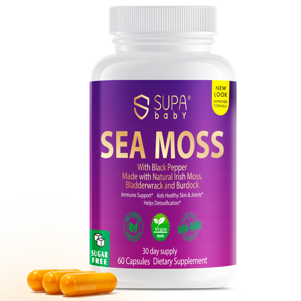 SUPABABY Sea Moss Capsules with Black Pepper – Natural Irish Moss, Bladderwrack & Burdock Root – Supports Immunity, Skin & Joint Health, Aids Detox, for Men & Women, 60 Vegan Capsules