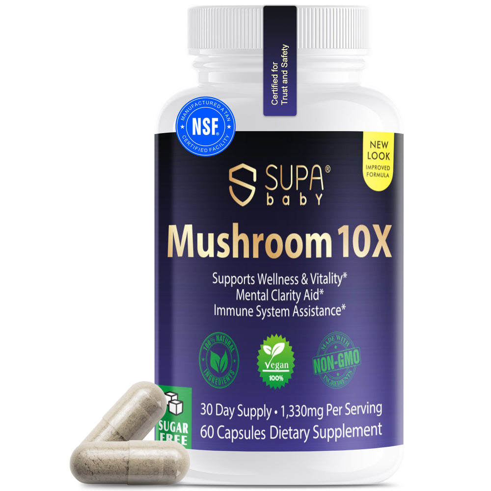 SUPABABY Mushroom 10X Supplement - 10 Mushroom Extracts for Immune Support & Mental Clarity - Vegan, Non-GMO - 60 Capsules