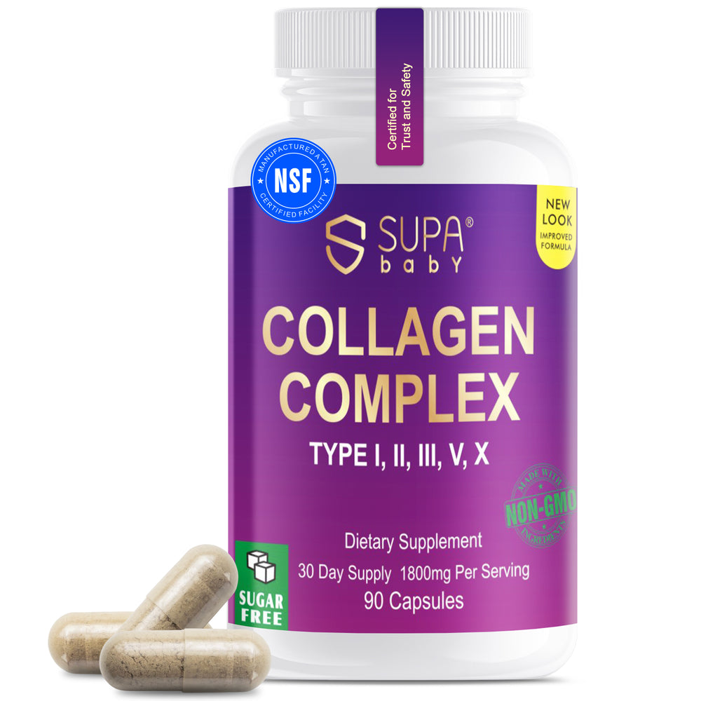 SUPABABY Premium Collagen Complex for Women - 1800mg Multi Collagen Types I, II, III, V, X, Non-GMO & Sugar Free, 90 Capsules (30 Day Supply) - Support Skin Elasticity & Joint Care